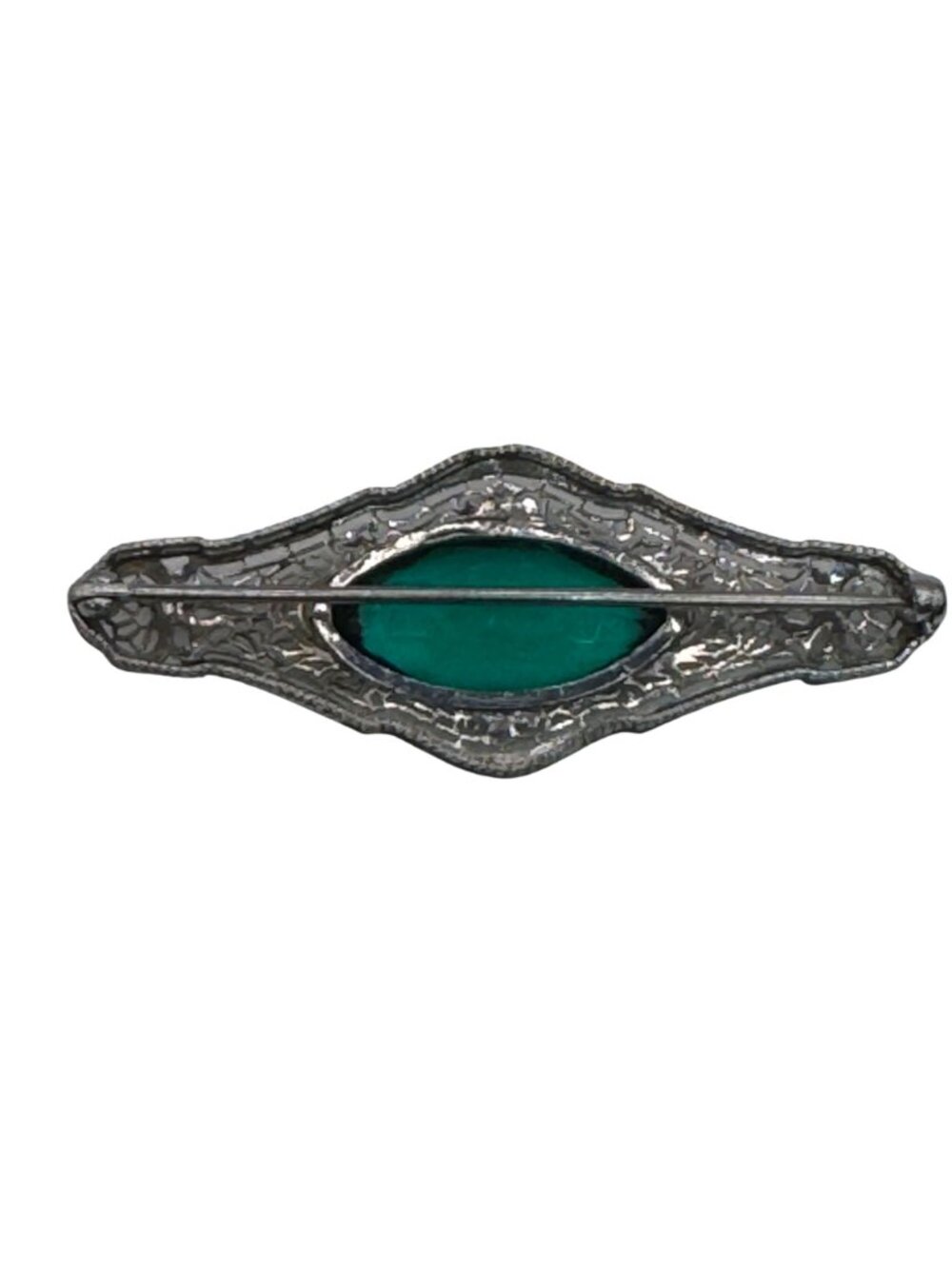 Antique 14k White Gold Filigree Brooch Emerald Green Glass Stone Art Deco 2.5" - Picture 4 of 11